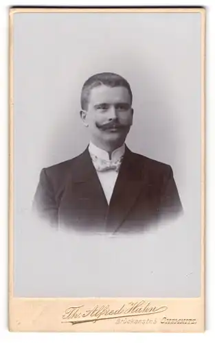 Fotografie Th. Alfred Hahn, Chemnitz, Herr Uhlig im dunklen Anzug mit Moustache
