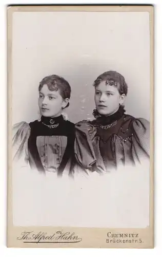 Fotografie Th. Alfred Hahn, Chemnitz, zwei junge Mädchen in Kleidern mit Halsketten