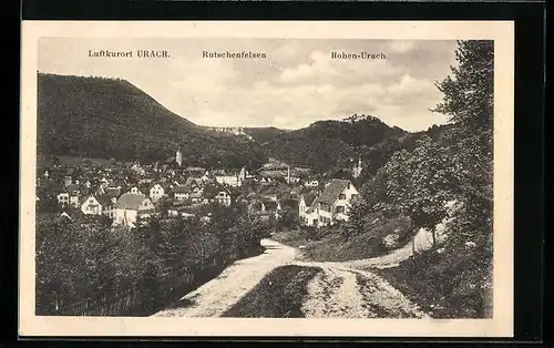 AK Urach, Ortsansicht mit Rutschenfelsen und Hohen-Urach