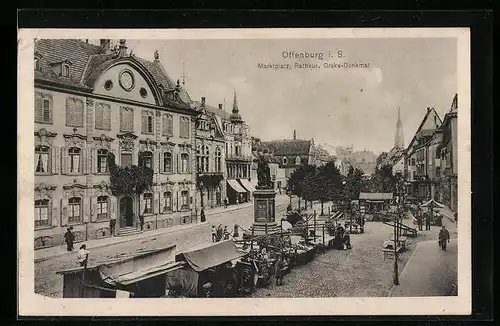 AK Offenburg i. B., Marktplatz, Rathaus, Drake-Denkmal