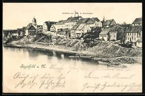 AK Jagstfeld a. N., Ortspartie mit Gewässer und Badhotel von A. Breuninger