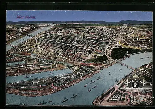 AK Mannheim, Ortsansicht aus der Vogelschau