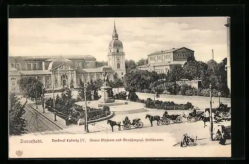 AK Darmstadt, Denkmal Ludwig IV., Neues Museum und Grossherzogl. Hoftheater