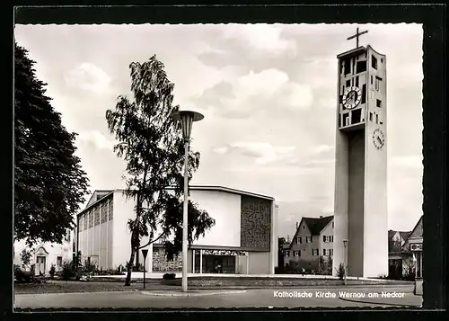 AK Wernau a. N., Kath. Kirche mit Strasse