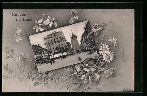 Passepartout-AK Locle, Strassenpartie mit Kirche, Blumen