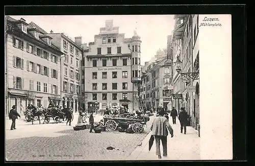 AK Luzern, Mühlenplatz mit Verkaufswagen und Hotel zum weissen Rössli