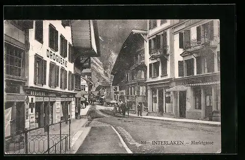 AK Interlaken, Marktgasse mit Drogerie und Restaurant