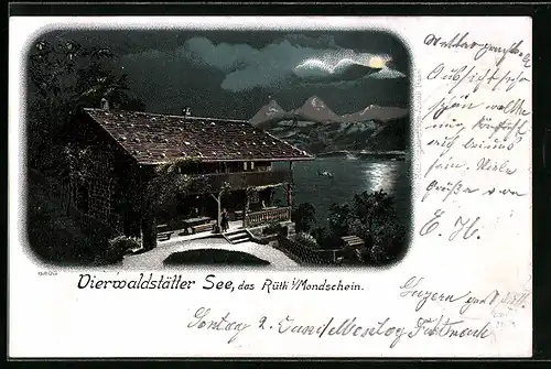Lithographie Rütli, Vierwaldstätter See, das Rütli im Mondschein
