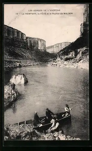 AK Les Gorges de l`Ardèche, Le Rempart, la Fève et le Rocher de Malbos