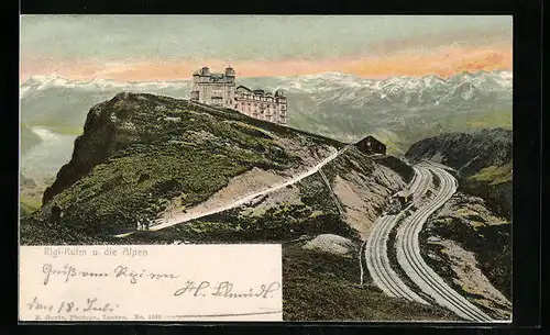 AK Rigi-Kulm, Partie mit Alpen, Bergbahn