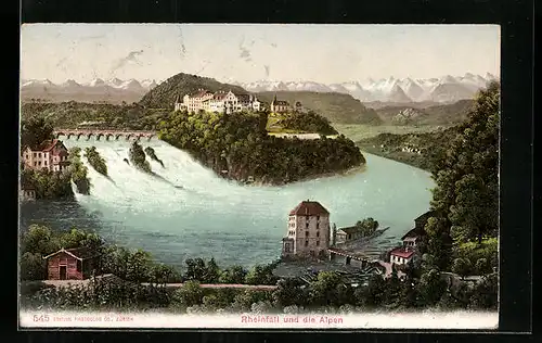 AK Rheinfall und die Alpen