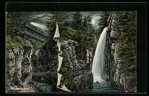 AK Bözingen, Taubenloch, Schlucht mit Wassersturz und Eisenbahnbrücke