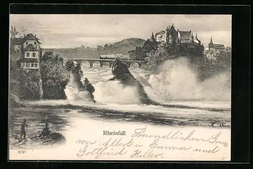 Künstler-AK Rheinfall mit Eisenbahnbrücke