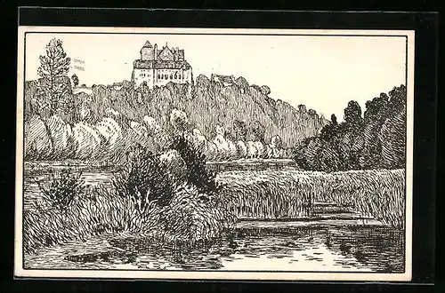 Künstler-AK Wildegg an der Aare, Flusspartie mit Gebäude