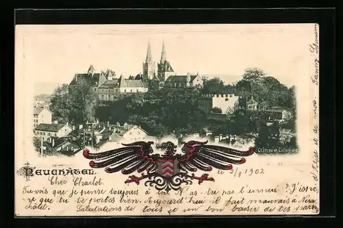 Präge-AK Neuchâtel, Ortspartie, Château et Collegiale, Adler mit Wappen
