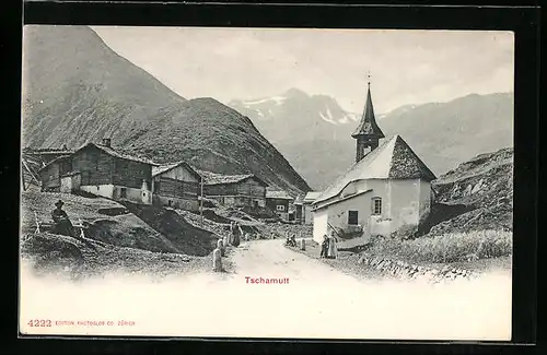 AK Tschamutt, Strassenpartie mit Kirche