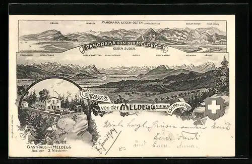 AK Meldegg, Panorama gegen Osten und Süden, Gasthaus zur Meldegg, Bes. J. Niederer
