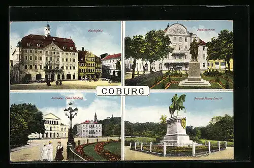 AK Coburg, Marktplatz, Josiasdenkmal, Hoftheater mit Palais Edinburg