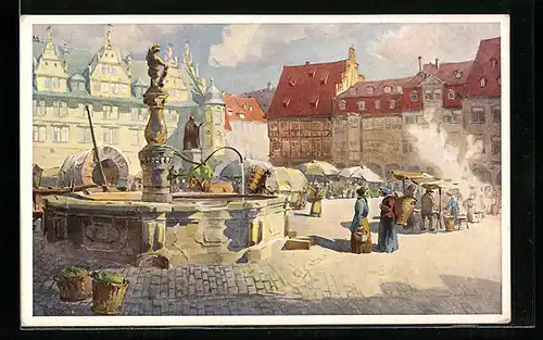 Künstler-AK Coburg, Marktplatz mit Brunnen