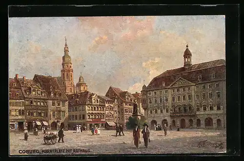 Künstler-AK Coburg, Marktplatz mit Passanten und Rathaus