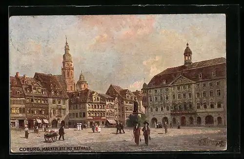 Künstler-AK Coburg, Marktplatz mit Passanten, Denkmal und Rathaus