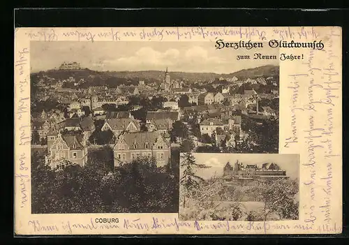 AK Coburg, Teilansicht aus der Vogelschau, Burg im Winter