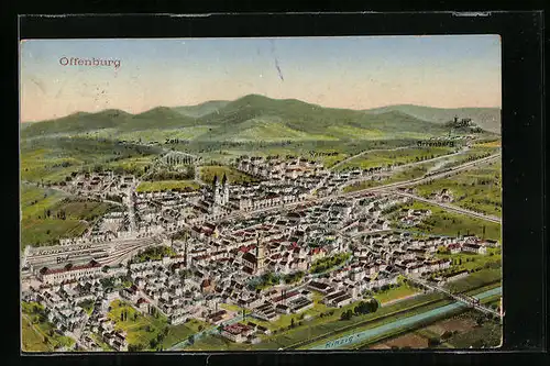 AK Offenburg, Gesamtansicht mit Kinzig aus der Vogelschau