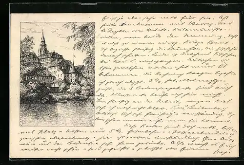 Künstler-AK Tübingen, Hölderlinturm und alte Aula