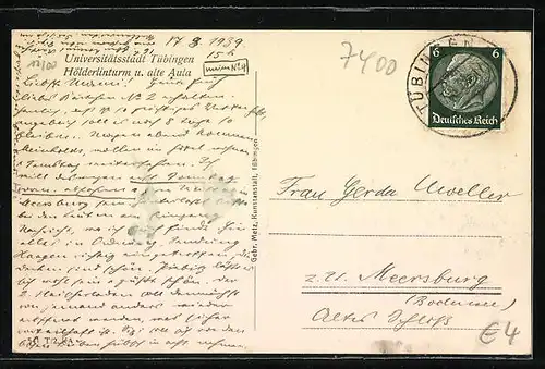 Künstler-AK Tübingen, Hölderlinturm und alte Aula