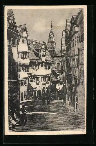Künstler-AK Tübingen, Strassenpartie Burgsteig