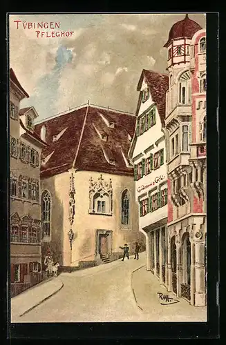 Künstler-AK Tübingen, Strassenpartie Pfleghof mit Cafe