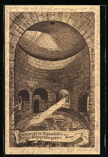 Künstler-AK Tübingen, Fehmgericht im Schlosskeller von Hohentübingen