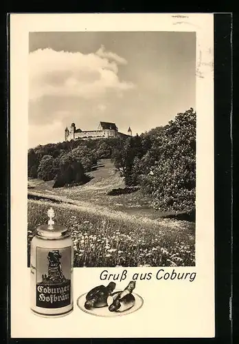 AK Coburg, Burgansicht, Bierkrug Coburger Hofbräu, Wurst im Brot