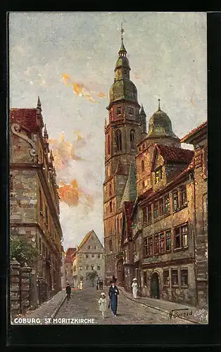 Künstler-AK Coburg, Strassenpartie mit Moritzkirche und Passanten