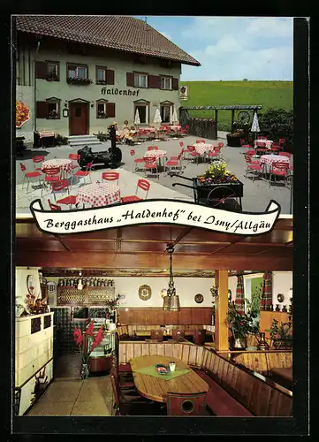 AK Neutrauchburg bei Isny /Allg., Berggasthaus Haldenhof mit Terrasse und Kachelofen