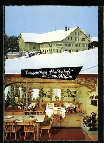 AK Neutrauchburg bei Isny /Allg., Berggasthaus Haldenhof mit hellem Gastraum
