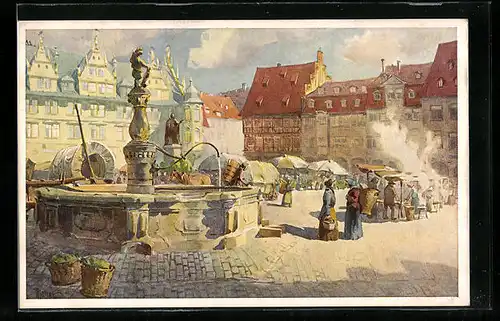 Künstler-AK Coburg, Markttag auf dem Marktplatz