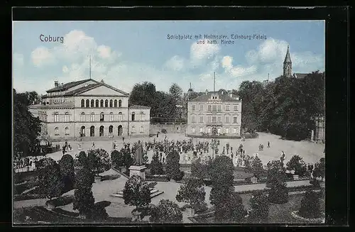AK Coburg, Schlossplatz mit Hoftheater, Edinburg-Palais und Kath. Kirche