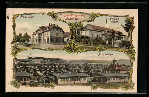 AK Münsingen, Truppenübungsplatz, Hardt-Hotel, Offiziers-Speise-Anstalt, Barackenlager