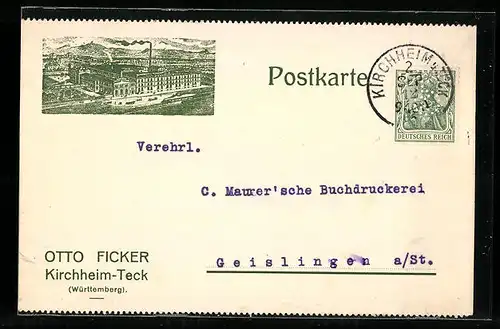 AK Kirchheim-Teck, Fabrik Otto Ficker, Korrespondenzkarte