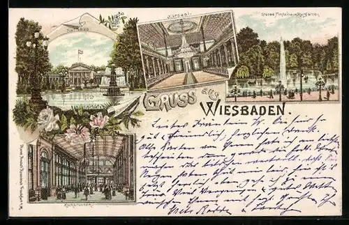 Lithographie Wiesbaden, Kursaal, Grosse Fontaine im Kurgarten