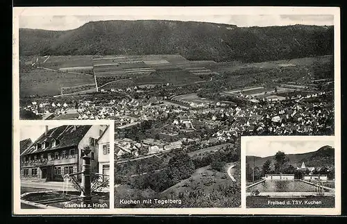 AK Kuchen, Gasthaus zum Hirsch, Freibad d. TSV. Kuchen, Panoramablick mit Tegelberg