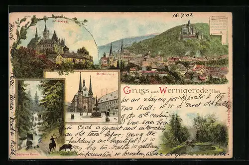 Lithographie Wernigerode a. Harz, Schloss, Rathaus, Steinerne Renne, Panorama