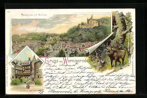 Lithographie Wernigerode, Panorama mit Schloss, Innerer Hof mit Holzbau, röhrender Hirsch