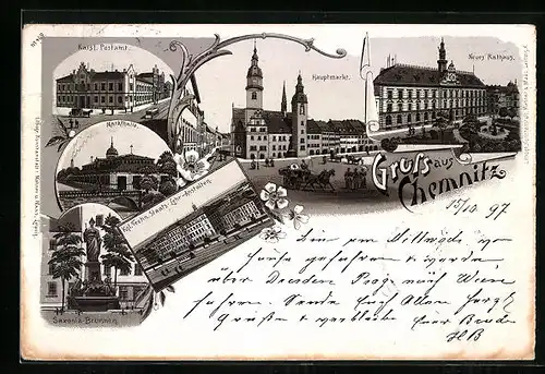 Lithographie Chemnitz, Hauptmarkt, Kaisl. Postamt, Kgl. Techn. Staats-Lehr-Anstalten