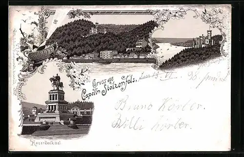 Lithographie Capellen-Stolzenfels, Teilansicht mit Schloss, Kaiserdenkmal