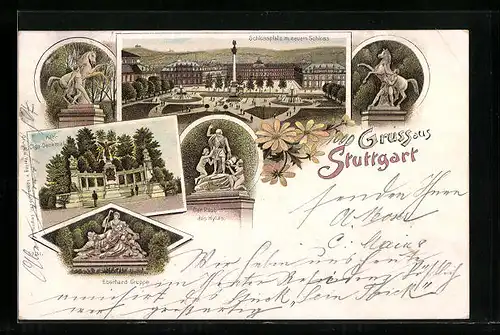 Lithographie Stuttgart, Schlossplatz m. neuem Schloss, Der Raub des Hylas, Karl-Olga-Denkmal