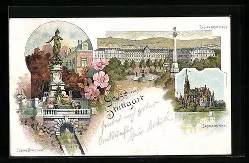 Lithographie Stuttgart, Eugens-Brunnen, Residenzschloss, Johanneskirche