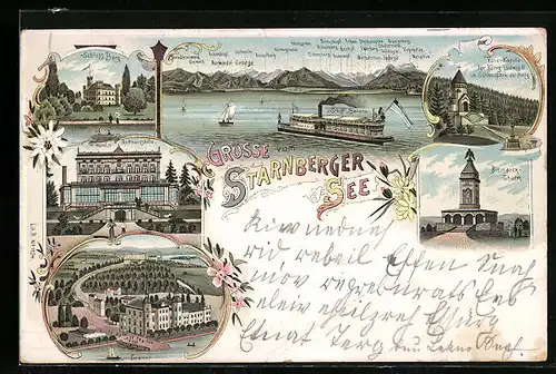 Lithographie Starnberg, Schloss Berg, Bismarck Thurm, Hotel Rottmannshöhe
