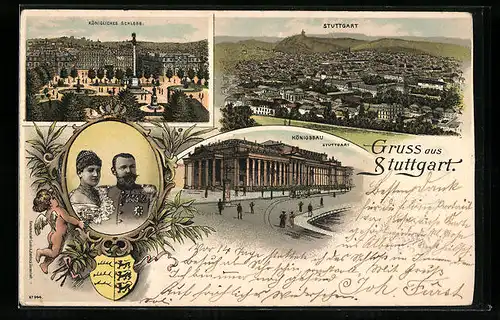 Lithographie Stuttgart, Kgl. Schloss, Königsbau, Totalansicht